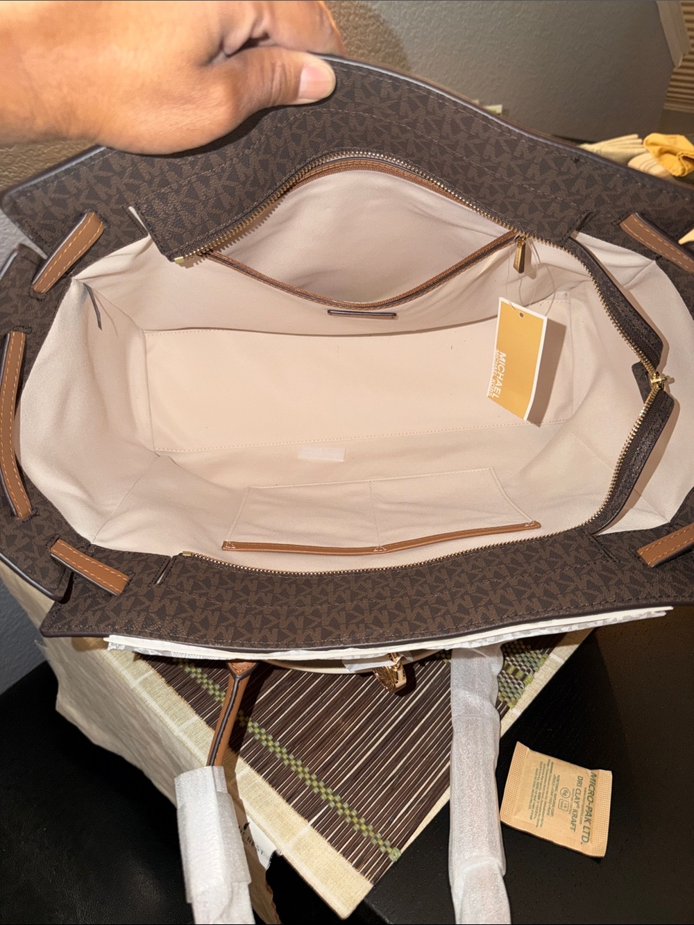 Michael Kors Brown MK Logo Tote with Tan Leather Accents - Picture 3 of 6